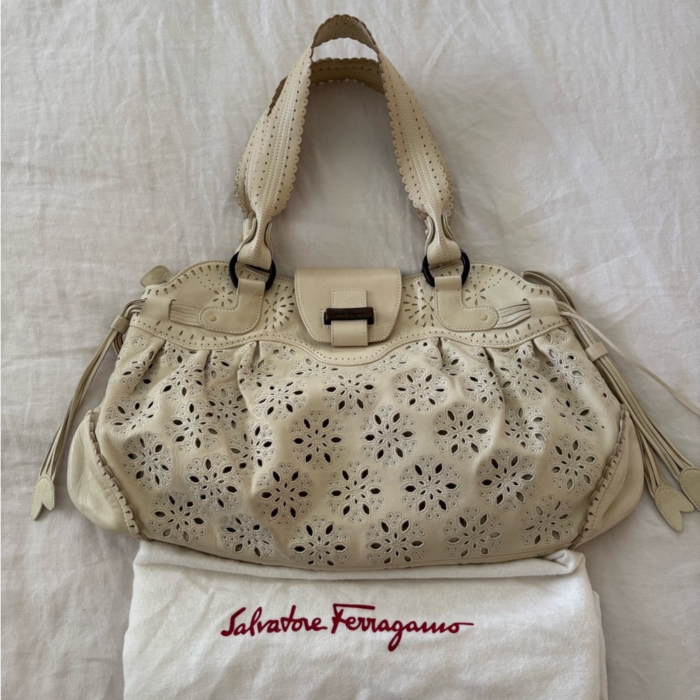 Salvatore Ferragamo Beige Floral Cutout Shoulder Bag